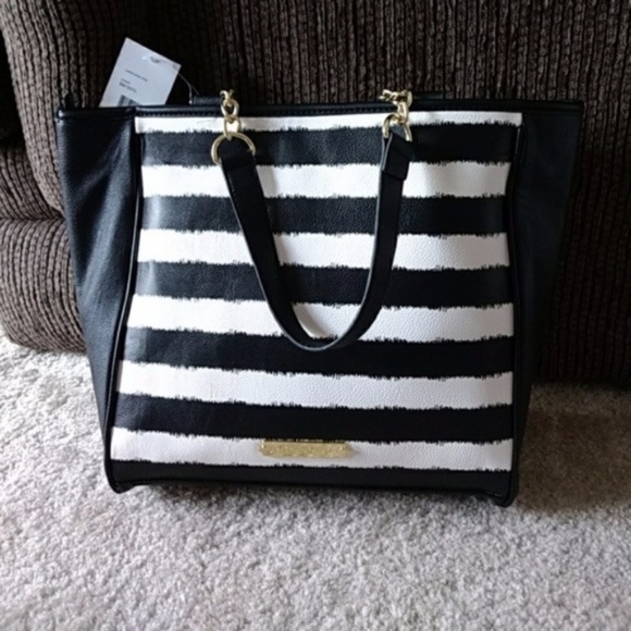 ***Betsey Johnson Black Striped Bag w/ Pink Bow - Picture 2 of 6